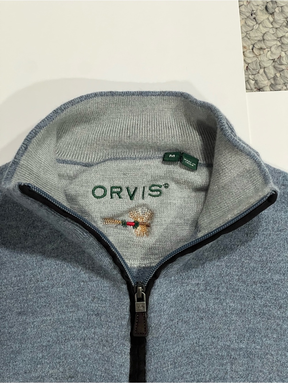 Merino Wool Orvis Men’s Light Blue Full-Zip Sweater with Embroidered Logo